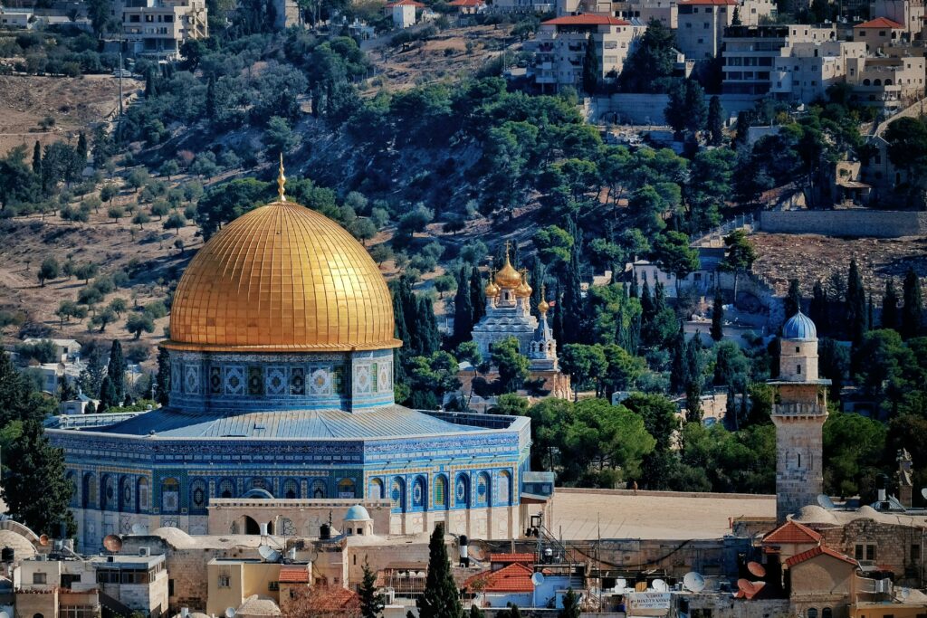 Beautiful aerial view of the Dome of the Rock, a significant Islamic landmark in Jerusalem.